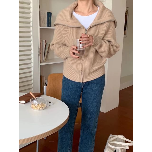 Long Sleeve Shawl Collar Plain Ribbed-Knit Zip-Up Cardigan