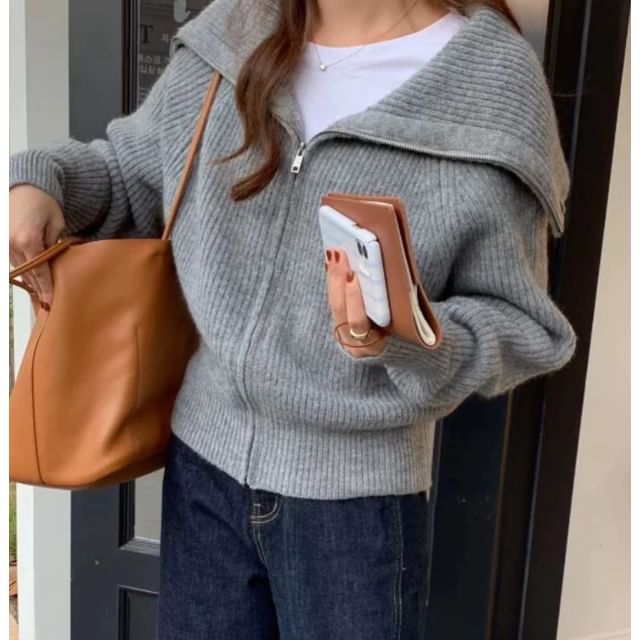 Long Sleeve Shawl Collar Plain Ribbed-Knit Zip-Up Cardigan