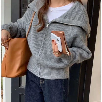Long Sleeve Shawl Collar Plain Ribbed-Knit Zip-Up Cardigan