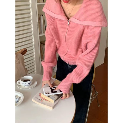 Long Sleeve Shawl Collar Plain Ribbed-Knit Zip-Up Cardigan