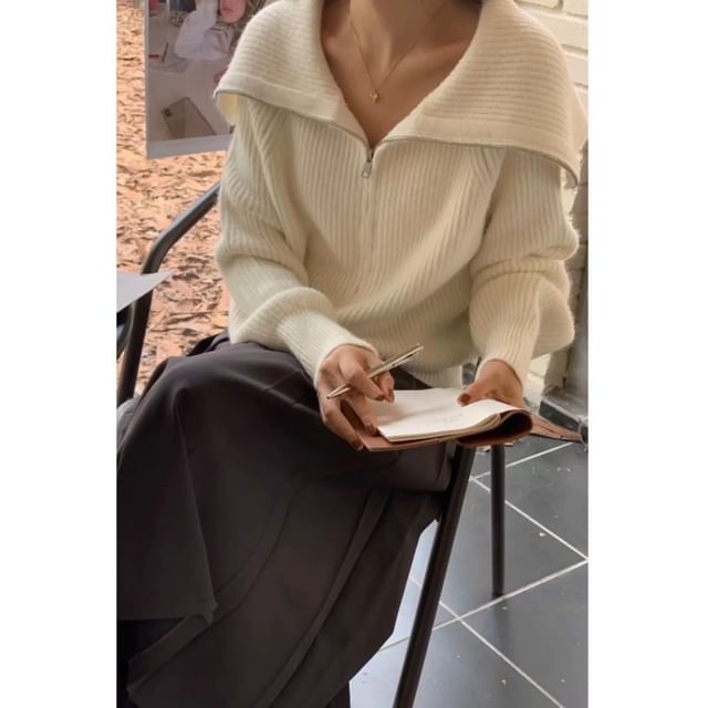 Long Sleeve Shawl Collar Plain Ribbed-Knit Zip-Up Cardigan