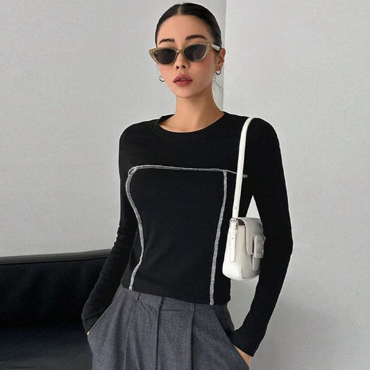 Slim-Fit Crewneck Top with Contrast Stitching