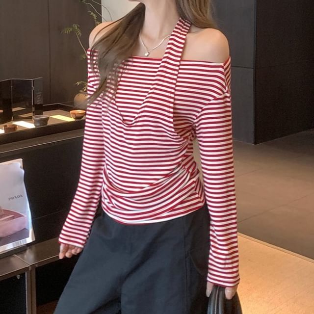 Striped Cold Shoulder Faux Layer Extended Sleeve Top