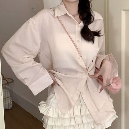 Collared Plain Extended Sleeve Button Shirt