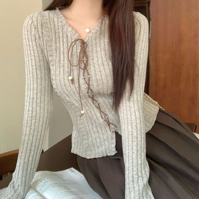 Lace-Up Ribbed Melange V-Neck Extended Sleeve Top