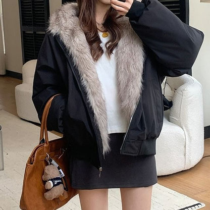 Faux Fur Lining Hood Zip Jacket