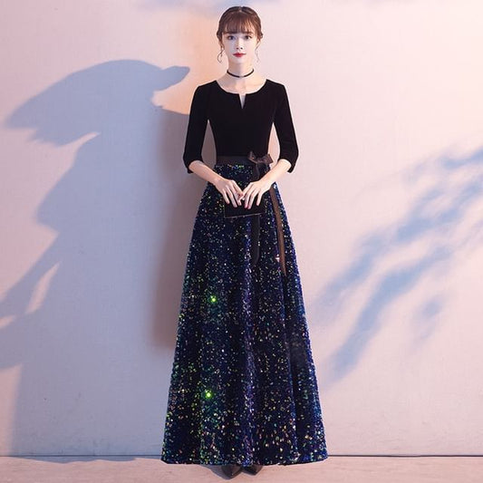 / Dress A-Line Gown Evening Sequin Elbow-Sleeve