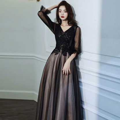 V-Neck Mesh A-Line Evening Gown