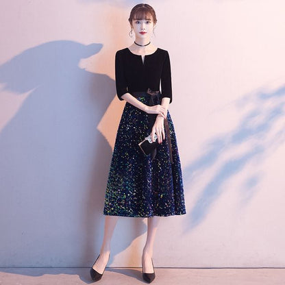 Elbow-Sleeve Sequin A-Line Evening Dress / Gown