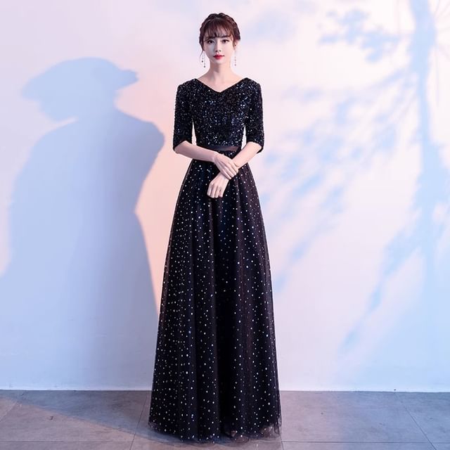 Elbow-Sleeve Evening V-Neck Gown A-Line Sequin