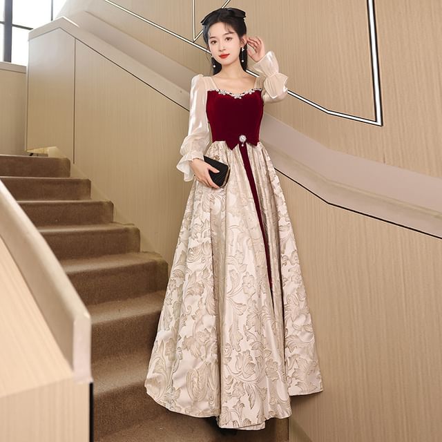 Long-Sleeve Two Tone A-Line Evening Gown
