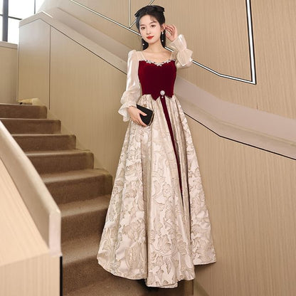 Long-Sleeve Two Tone A-Line Evening Gown