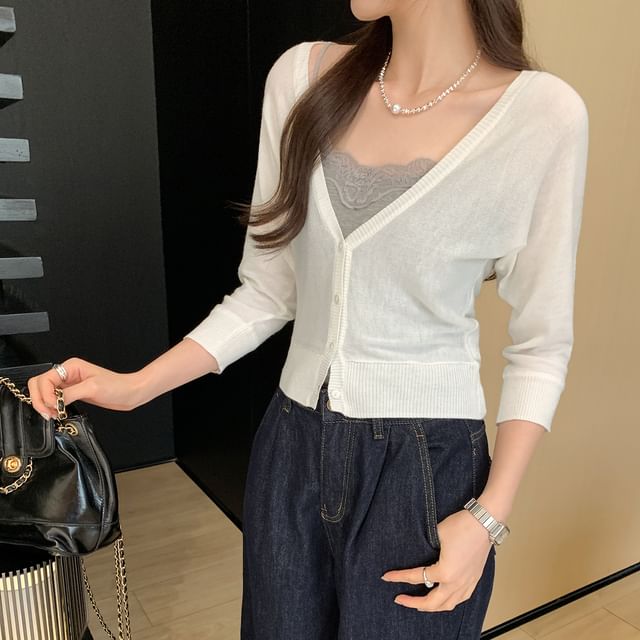 3/4-Sleeve V-Neck Button-Up Plain Sheer Crop Cardigan