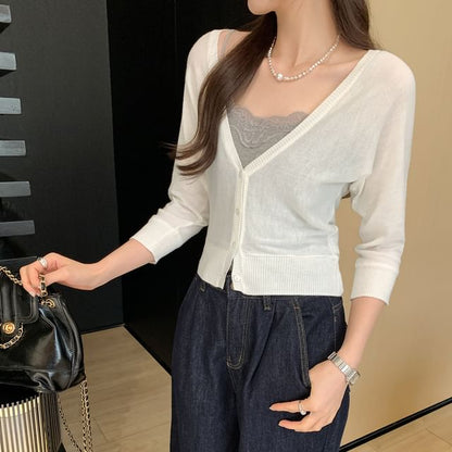 3/4-Sleeve V-Neck Button-Up Plain Sheer Crop Cardigan