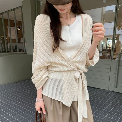 Plain Perforated Tie Waist Cardigan