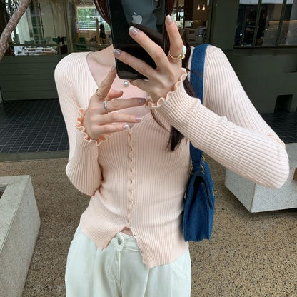 V-Neck Lettuce Edge Button-Up Plain Cardigan