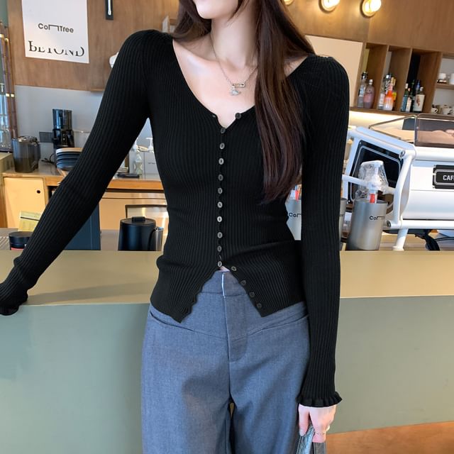 V-Neck Lettuce Edge Button-Up Plain Cardigan