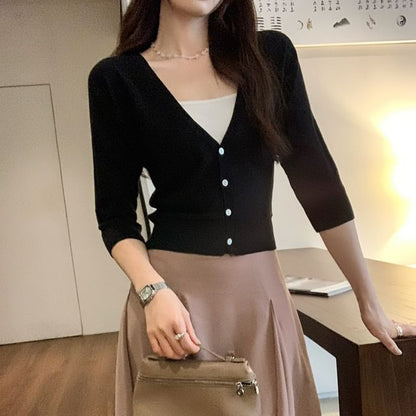 3/4-Sleeve V-Neck Button-Up Plain Sheer Crop Cardigan