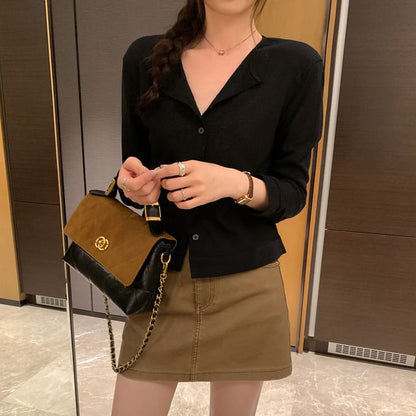 Crew Neck Button-Up Plain Cardigan