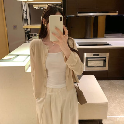 Crew Neck Button-Up Plain Cardigan