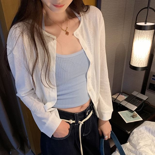 Crew Neck Button-Up Plain Cardigan
