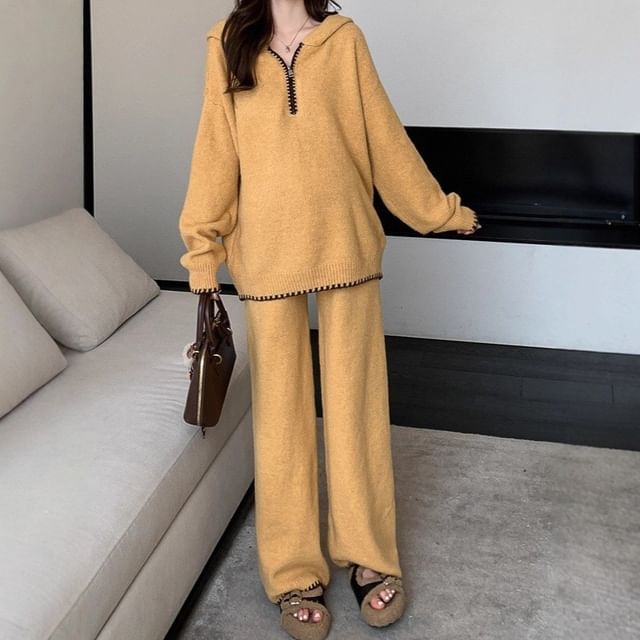 Contrast Trim Hooded Half Zip Sweater & Wide Leg Knit Pants Set