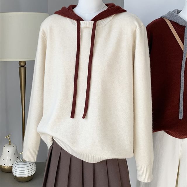 Two-Tone Hooded Faux Layer Pullover Sweater