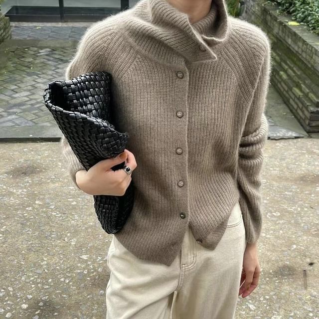 Stand Collar Plain Ribbed Cardigan