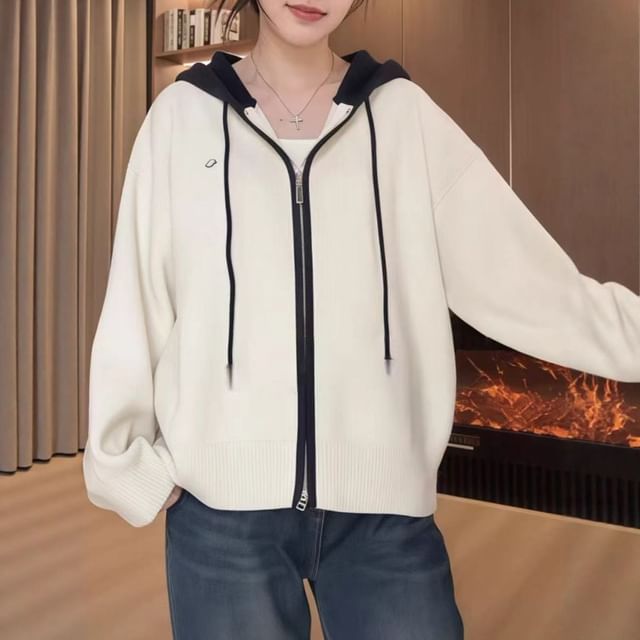 Two Tone Hood Zip Cardigan