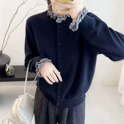 Stand Collar Two Tone Frill Cardigan