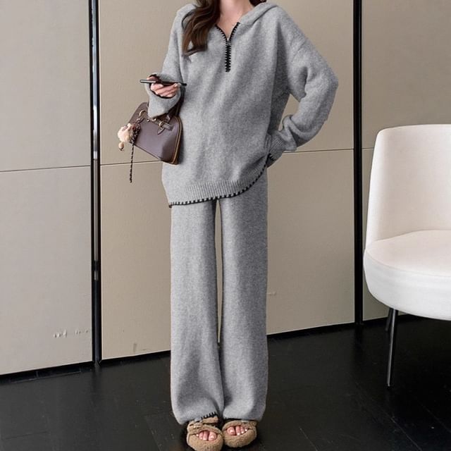 Contrast Trim Hooded Half Zip Sweater & Wide Leg Knit Pants Set