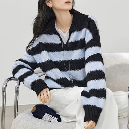 Striped Collared V-Neck Pullover Sweater