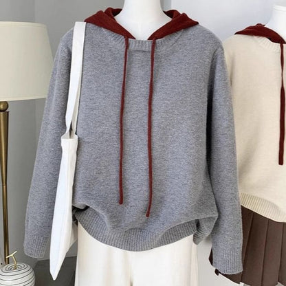 Two-Tone Hooded Faux Layer Pullover Sweater