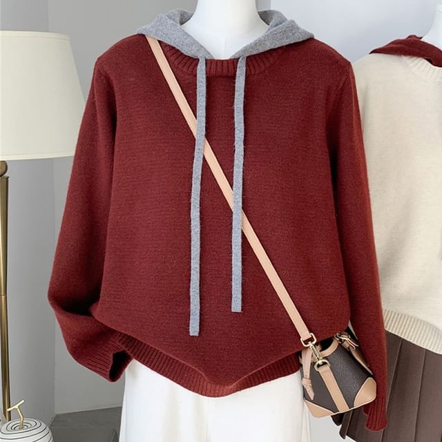 Two-Tone Hooded Faux Layer Pullover Sweater