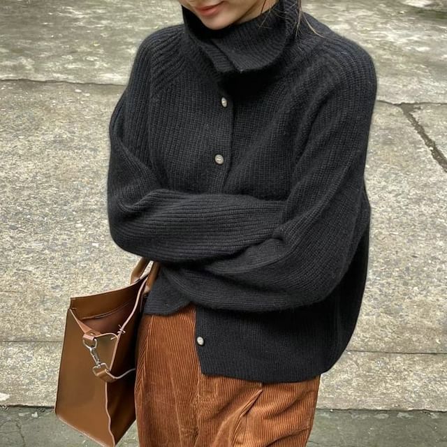 Stand Collar Plain Ribbed Cardigan