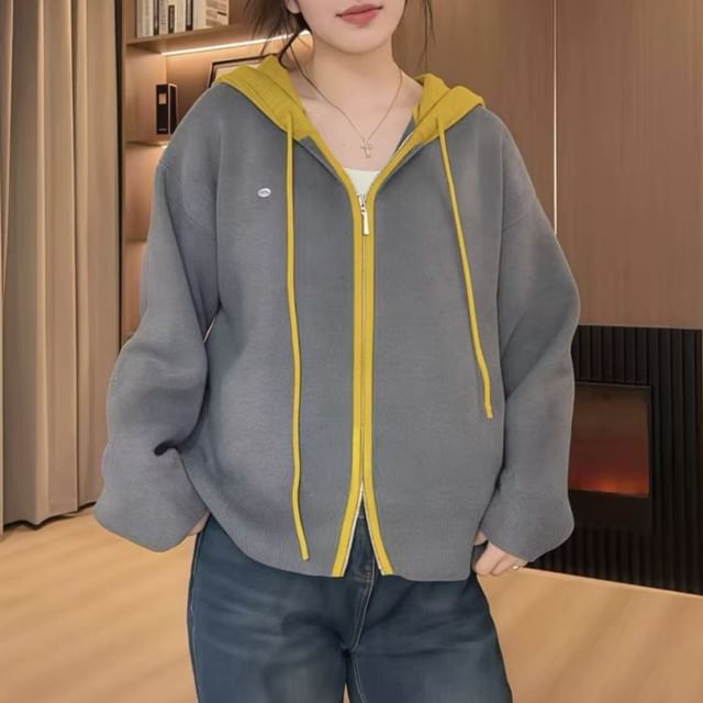 Two Tone Hood Zip Cardigan