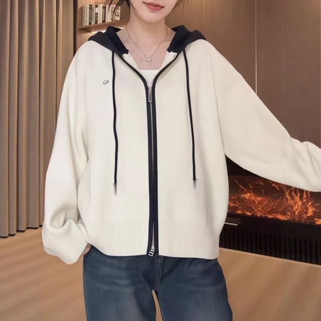 Two Tone Hood Zip Cardigan