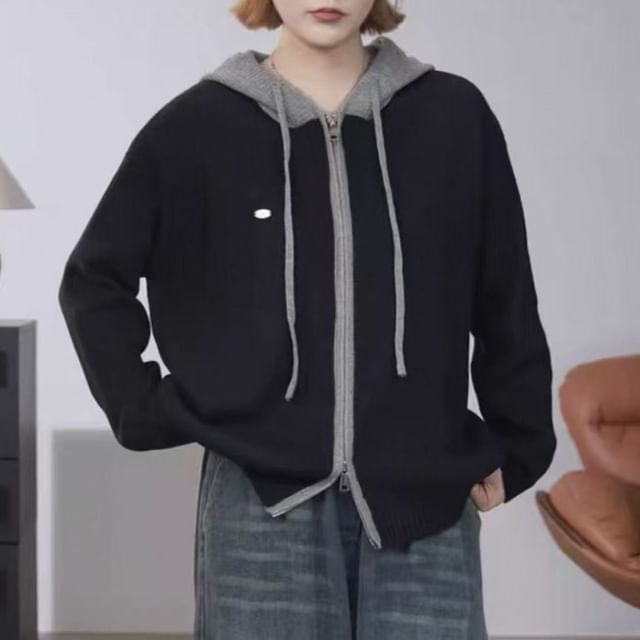Two Tone Hood Zip Cardigan