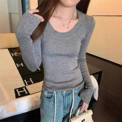 Plain Scoopneck Extended Sleeve Knit Tee