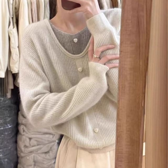 Ribbed Buttoned V-Neck Faux Layer Pullover Sweater