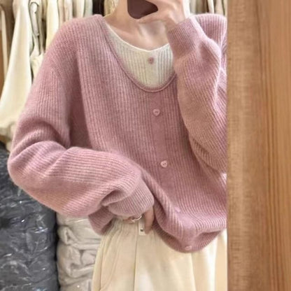 Ribbed Buttoned V-Neck Faux Layer Pullover Sweater