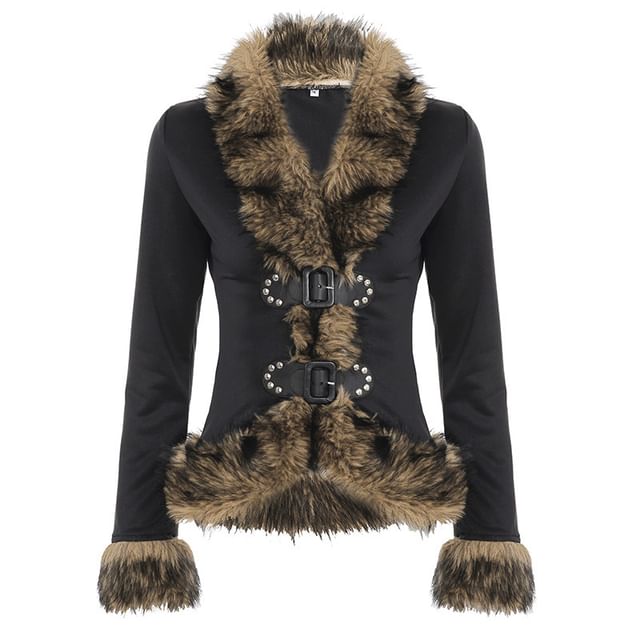 Long Sleeve Faux Fur Trim Slim-Fit Jacket