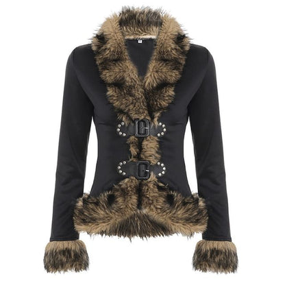 Long Sleeve Faux Fur Trim Slim-Fit Jacket