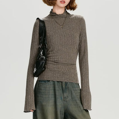 Ribbed Melange Mockneck Extended Sleeve Top