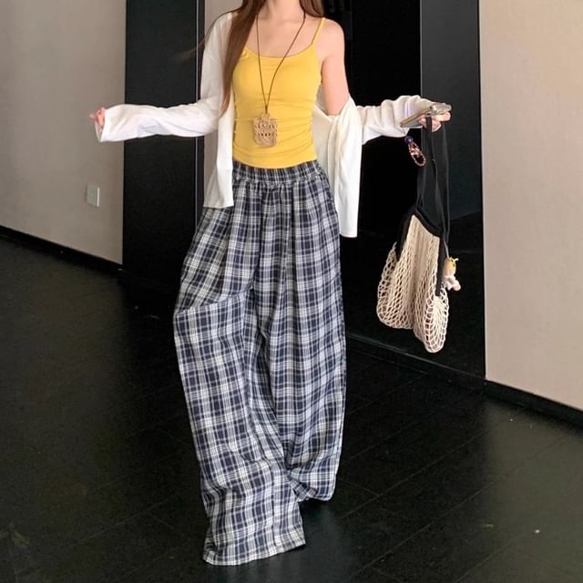 Plain Cami Top / Cardigan / High Rise Plaid Baggy Pants