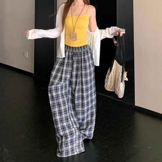Plain Cami Top / Cardigan / High Rise Plaid Baggy Pants