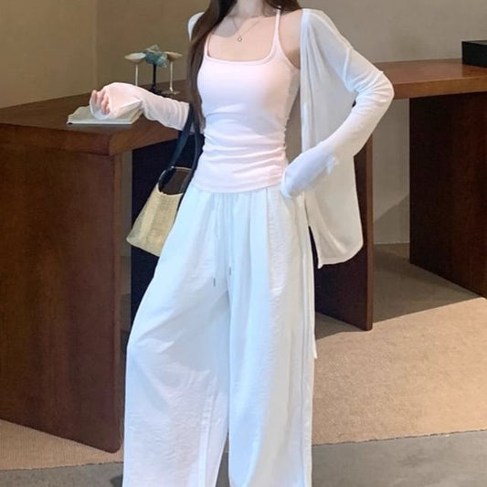 Plain Cami Top / Cardigan / High Waist Wide Leg Pants