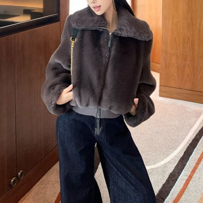 Collared Plain Fluffy Zip Jacket