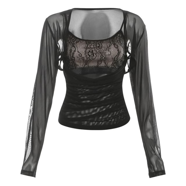 Matching Set: Ruched Slim Top and Lace Cropped Cami with Long Sleeves