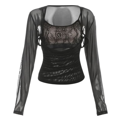 Matching Set: Ruched Slim Top and Lace Cropped Cami with Long Sleeves
